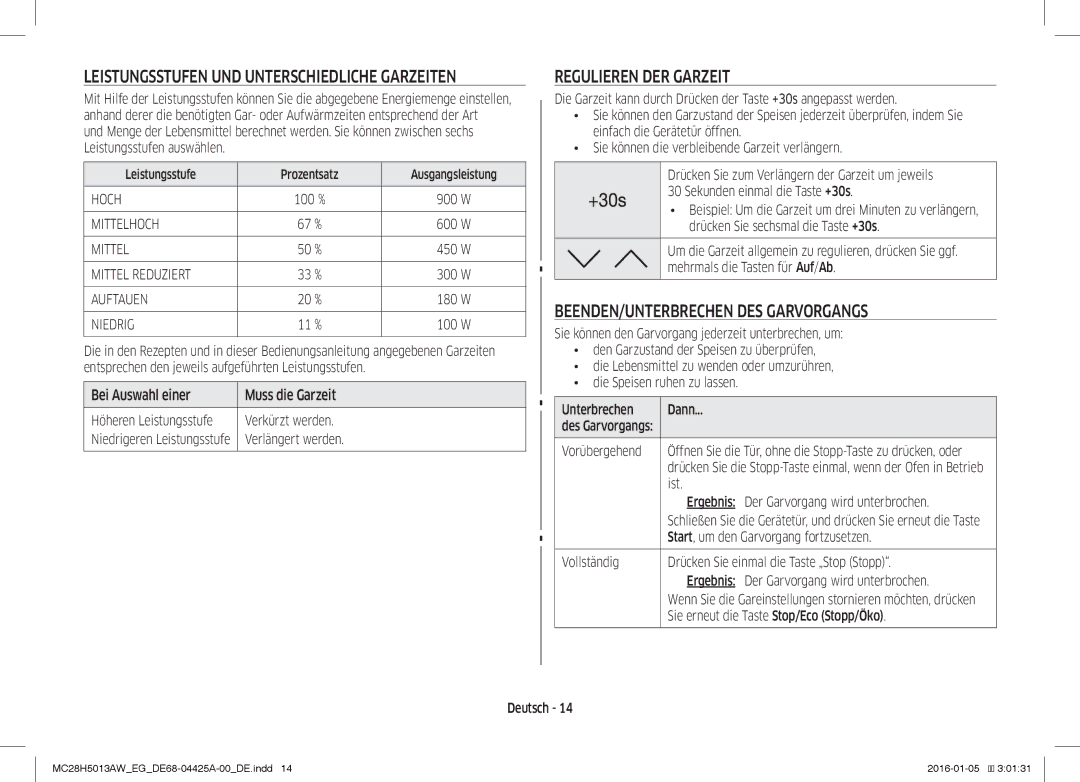 Samsung MC28H5013AW/EG manual Regulieren DER Garzeit, BEENDEN/UNTERBRECHEN DES Garvorgangs 