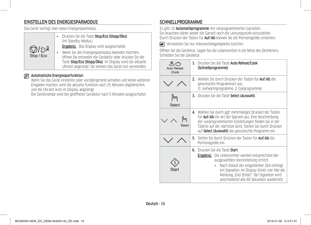 Samsung MC28H5013AW/EG manual Einstellen DES Energiesparmodus, Schnellprogramme 