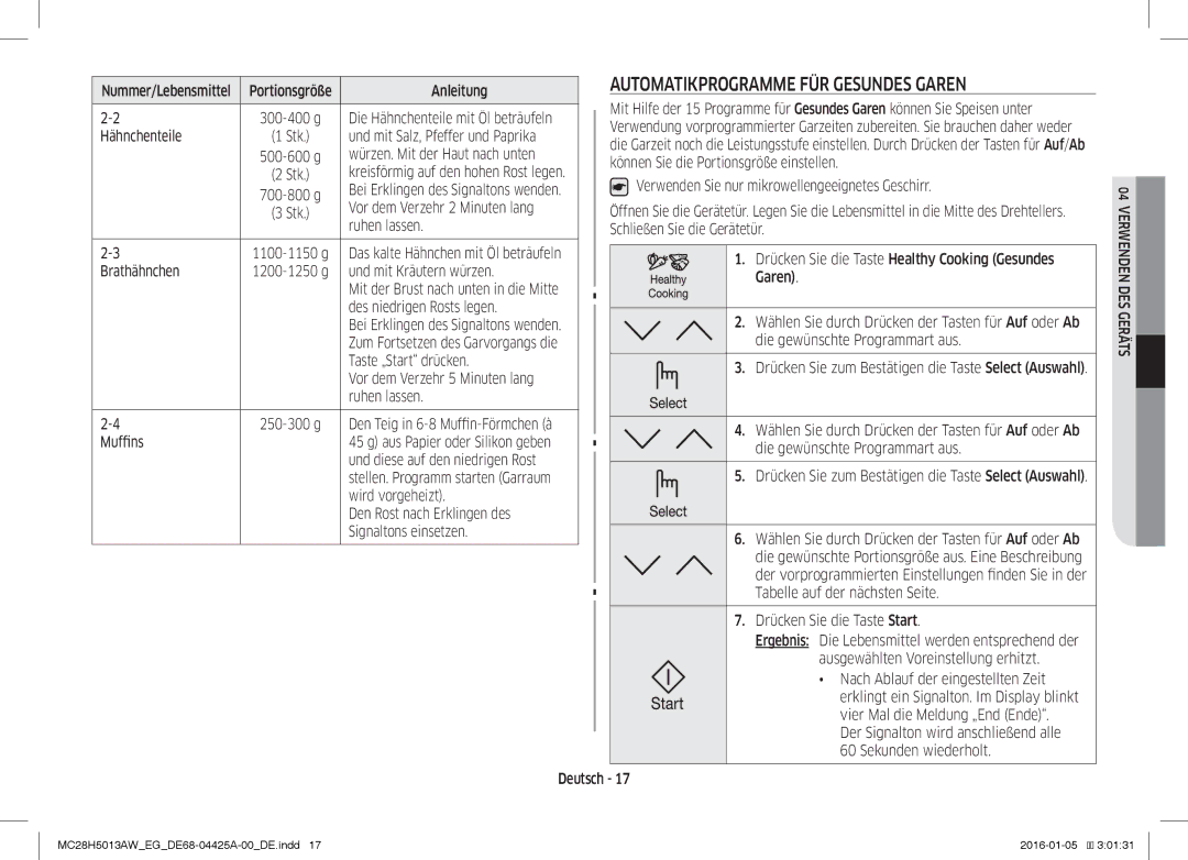 Samsung MC28H5013AW/EG manual Automatikprogramme FÜR Gesundes Garen 