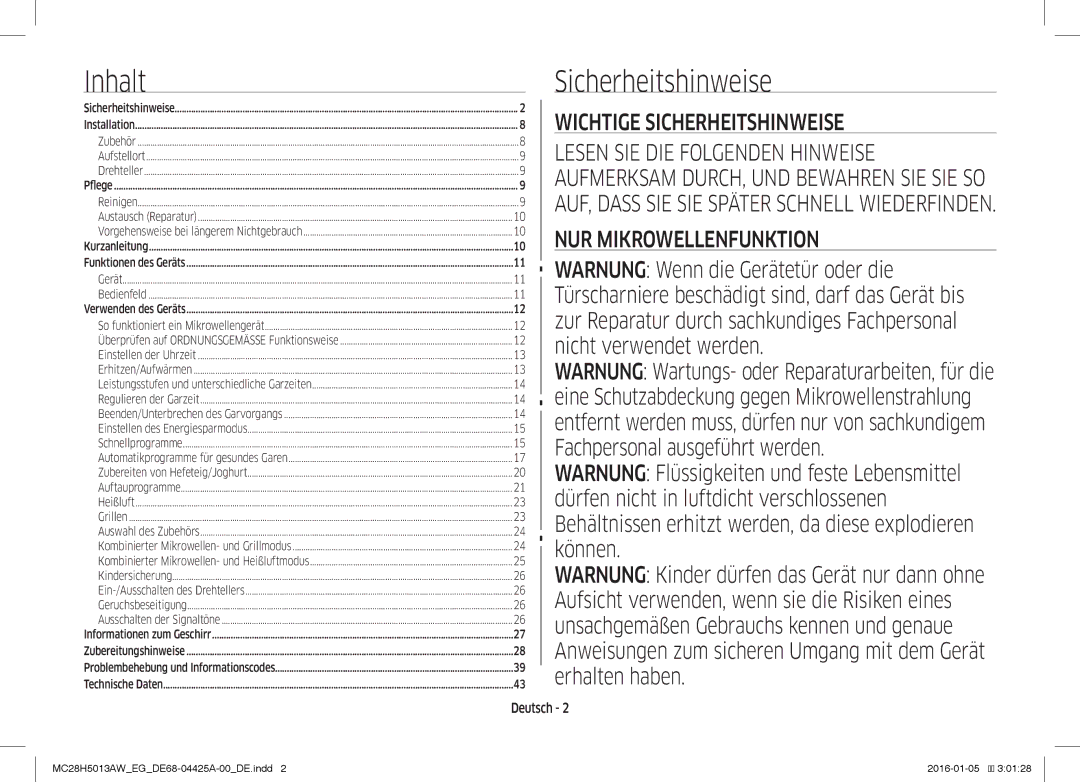 Samsung MC28H5013AW/EG manual Inhalt, Sicherheitshinweise, Deutsch 