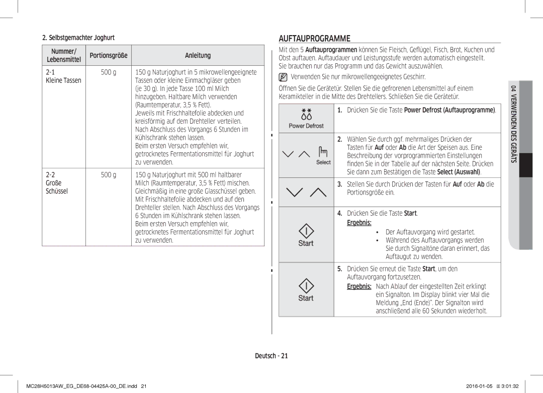 Samsung MC28H5013AW/EG manual Auftauprogramme 