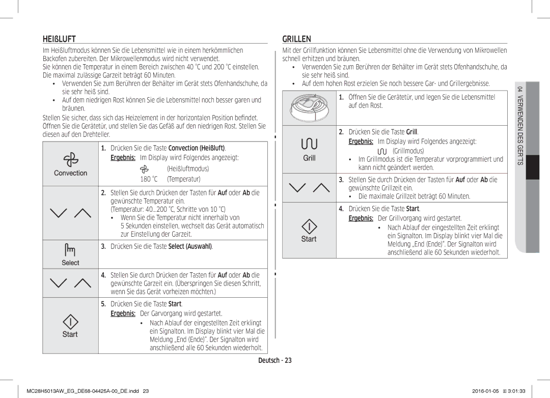 Samsung MC28H5013AW/EG manual Heisluft Grillen, Auf den Rost Bräunen, Heißluftmodus Kann nicht geändert werden Temperatur 