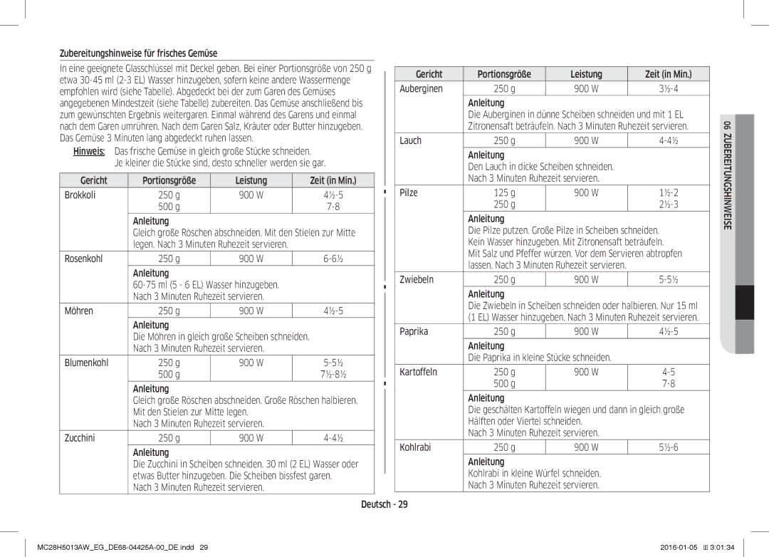 Samsung MC28H5013AW/EG Zubereitungshinweise für frisches Gemüse, Zeit in Min Brokkoli 250 g, Pilze, g Anleitung, 500 g 