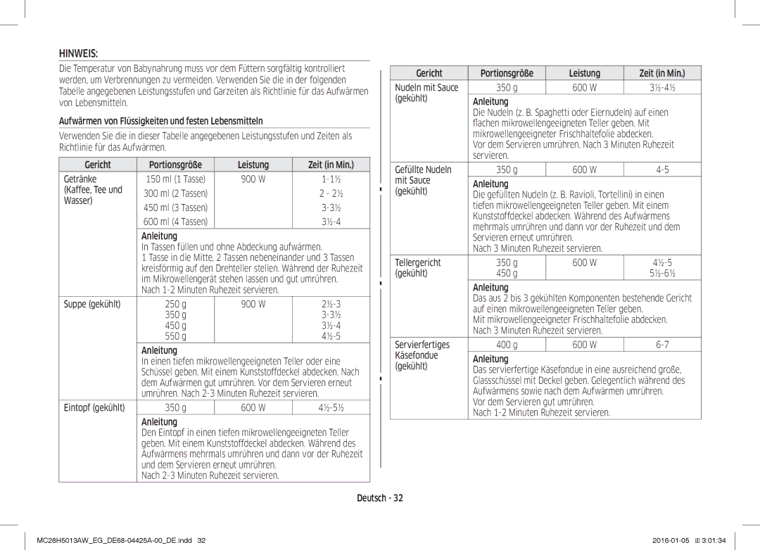 Samsung MC28H5013AW/EG manual Hinweis 