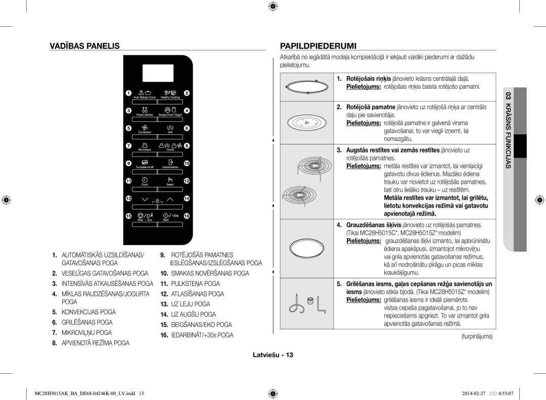 Samsung MC28H5015AK/BA manual Vadības panelis Papildpiederumi, Apvienotajā režīmā 