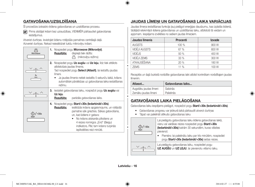 Samsung MC28H5015AK/BA manual Gatavošana/Uzsildīšana, Jaudas līmeņi un gatavošanas laika variācijas 