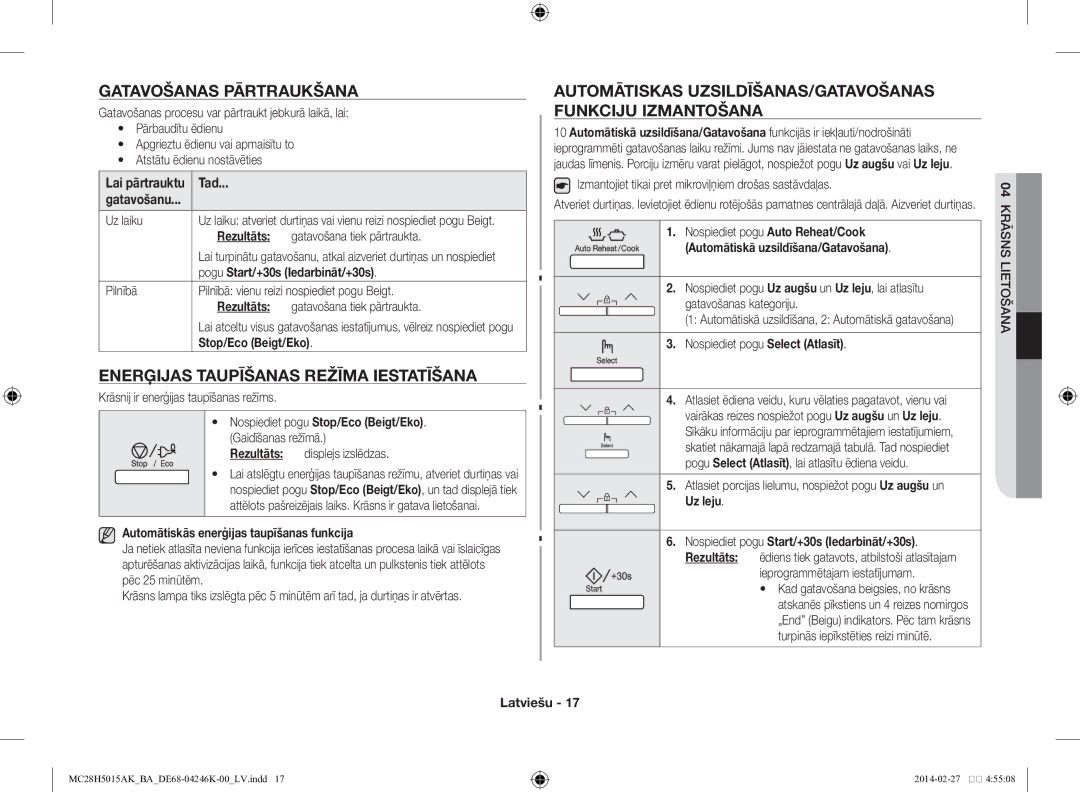 Samsung MC28H5015AK/BA manual Gatavošanas pārtraukšana, Enerģijas taupīšanas režīma iestatīšana 