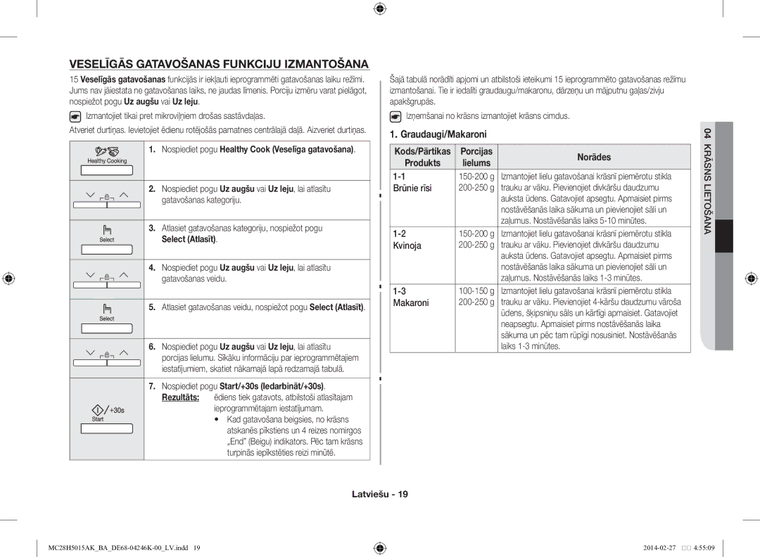 Samsung MC28H5015AK/BA manual Veselīgās gatavošanas funkciju izmantošana, Graudaugi/Makaroni, Select Atlasīt 