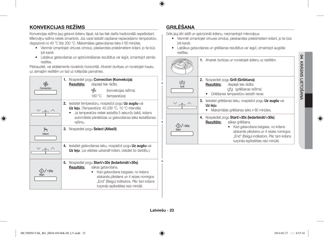 Samsung MC28H5015AK/BA manual Konvekcijas režīms, Grilēšanas režīms Grilēšanas temperatūru iestatīt nevar 