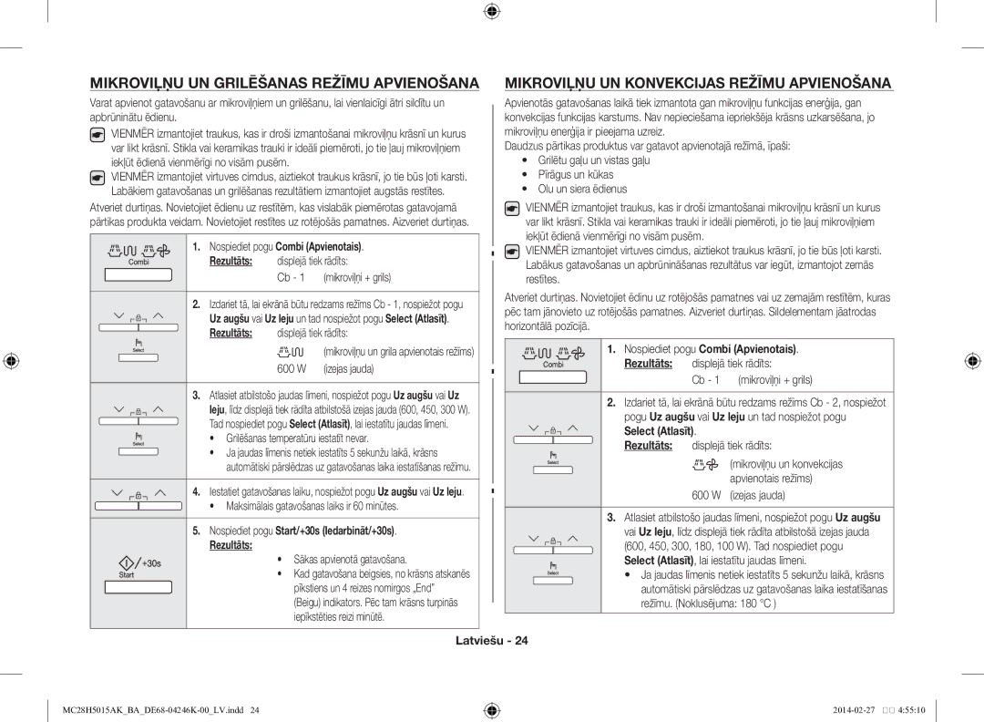 Samsung MC28H5015AK/BA manual Nospiediet pogu Combi Apvienotais 