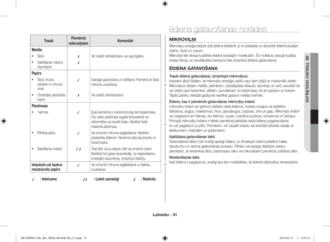 Samsung MC28H5015AK/BA manual Ēdiena gatavošanas norādes, Mikroviļņi, Ēdiena Gatavošana 