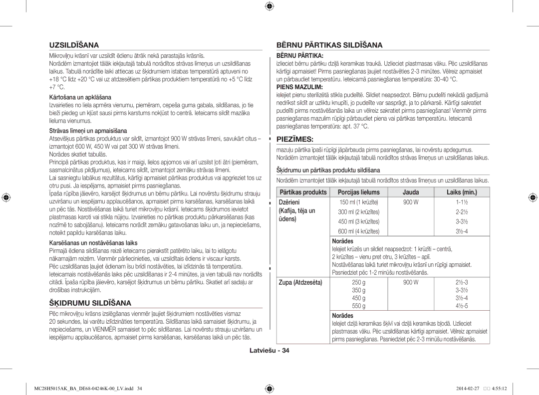 Samsung MC28H5015AK/BA manual Uzsildīšana Bērnu Pārtikas Sildīšana, Piezīmes, Šķidrumu Sildīšana 