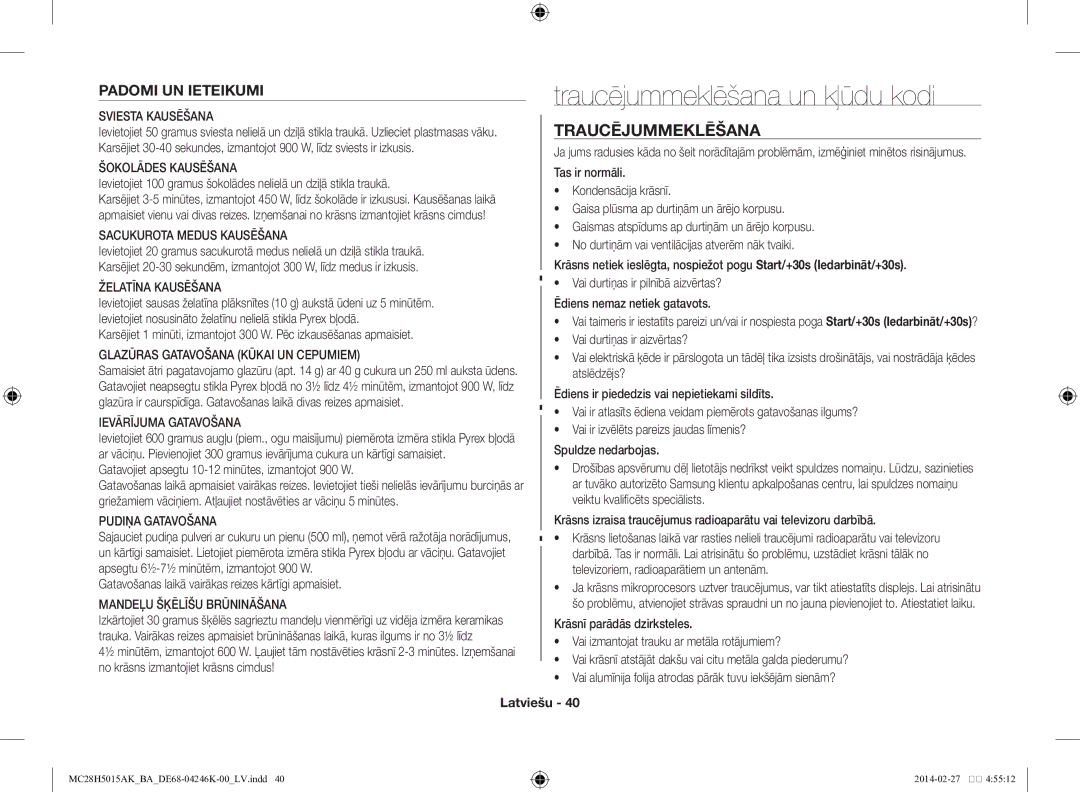 Samsung MC28H5015AK/BA manual Traucējummeklēšana un kļūdu kodi, Padomi UN Ieteikumi 