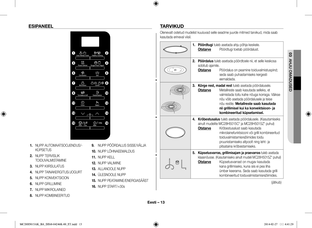 Samsung MC28H5015AK/BA manual Esipaneel Tarvikud, Sobitub ajamile, Jätkub, AHJU03 Omadused 