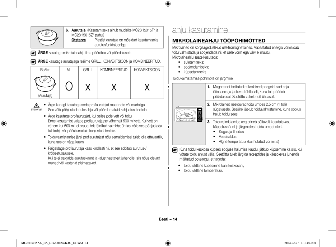 Samsung MC28H5015AK/BA manual Ahju kasutamine, Mikrolaineahju tööpõhimõtted, Grill Kombineeritud 