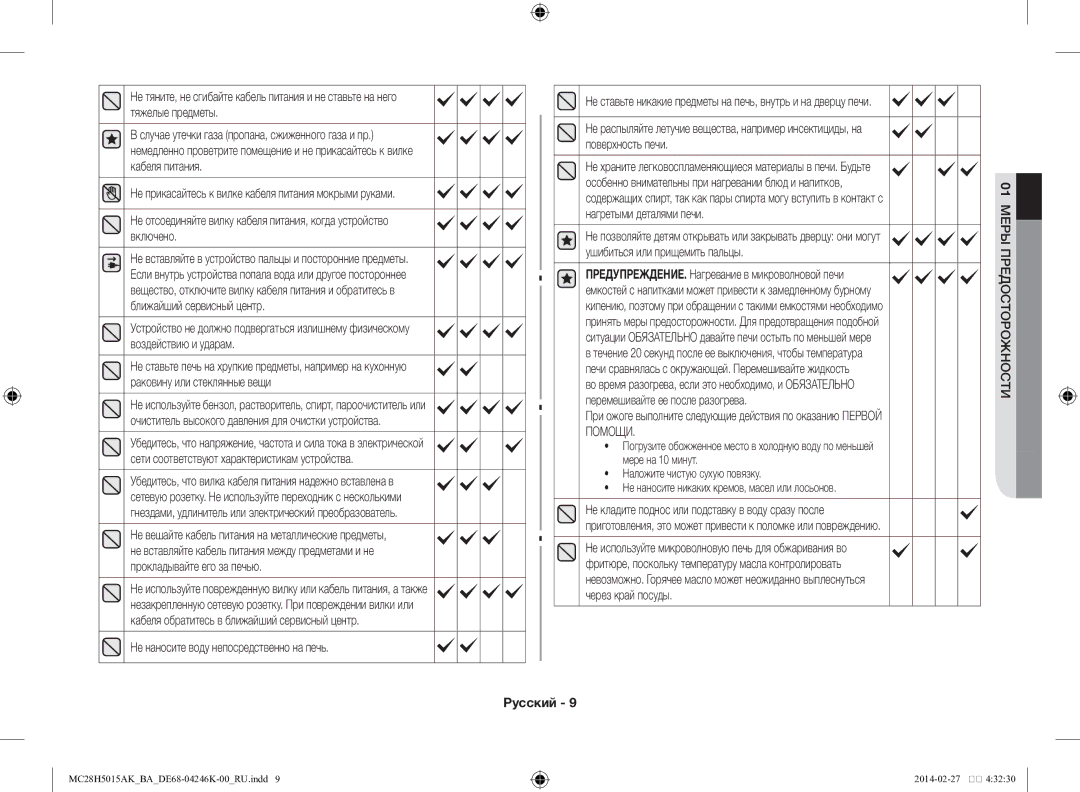 Samsung MC28H5015AK/BA manual Не наносите воду непосредственно на печь, Поверхность печи, Нагретыми деталями печи, Помощи 