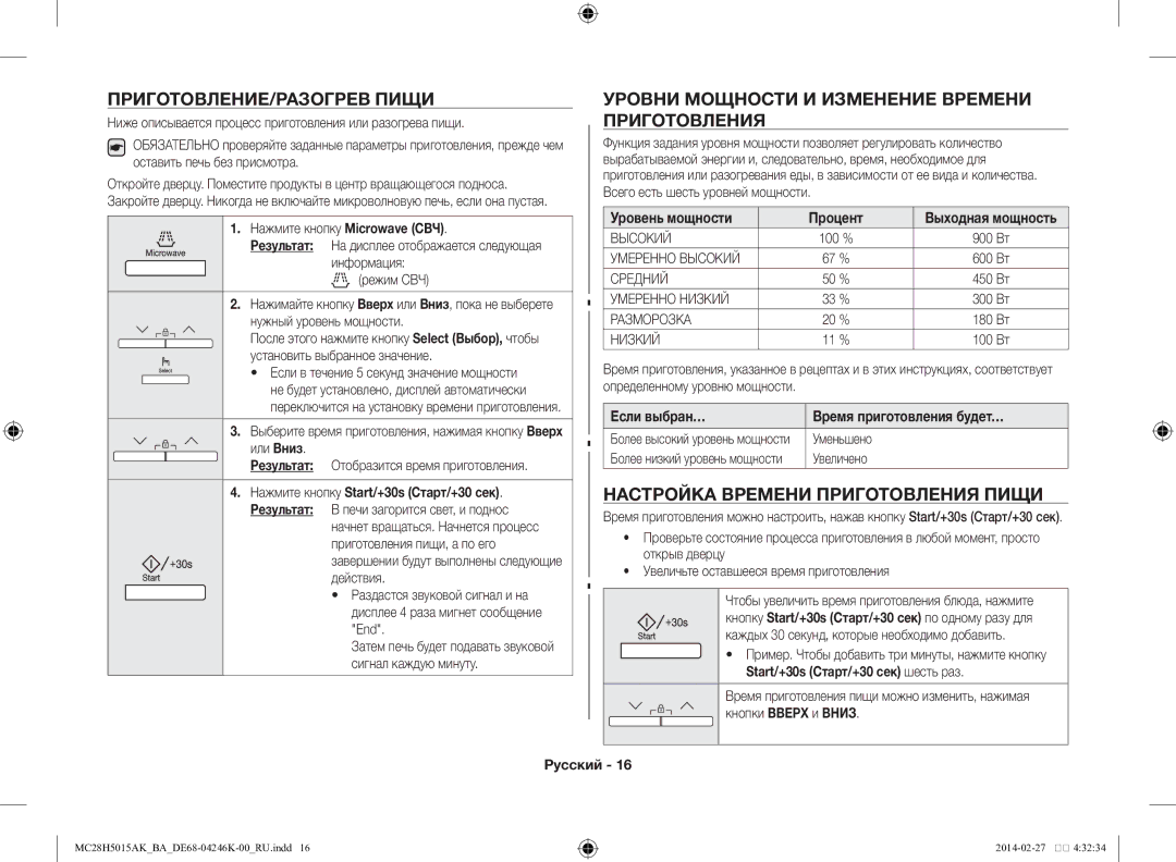 Samsung MC28H5015AK/BA manual Приготовление/разогрев пищи, Уровни мощности и изменение времени приготовления 