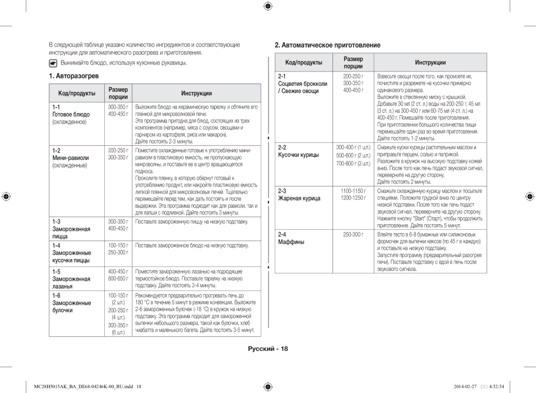 Samsung MC28H5015AK/BA manual Авторазогрев, Автоматическое приготовление, Размер Инструкции 