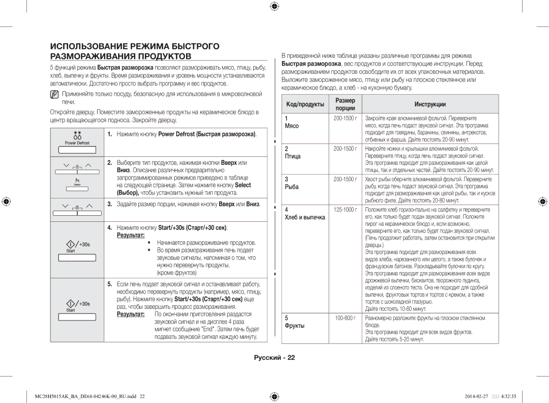 Samsung MC28H5015AK/BA manual Использование режима быстрого размораживания продуктов, Код/продукты Размер, Порции 