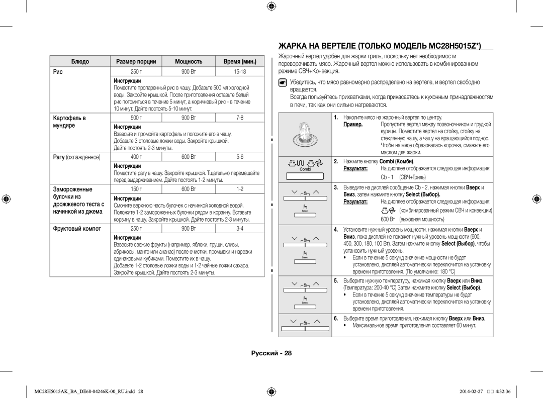 Samsung MC28H5015AK/BA manual Жарка на вертеле Только модель MC28H5015Z 