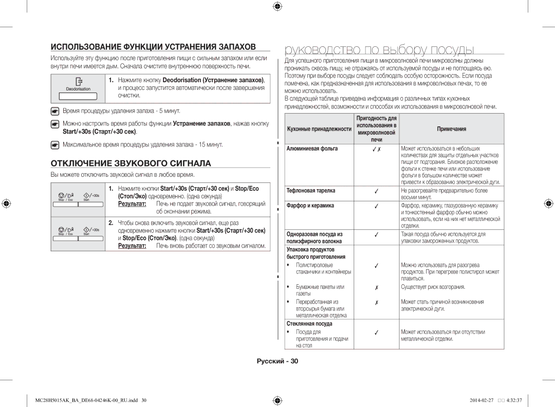 Samsung MC28H5015AK/BA manual Руководство по выбору посуды, Использование функции устранения запахов 