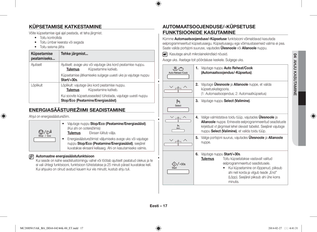 Samsung MC28H5015AK/BA manual Küpsetamise katkestamine, Energiasäästurežiimi seadistamine 