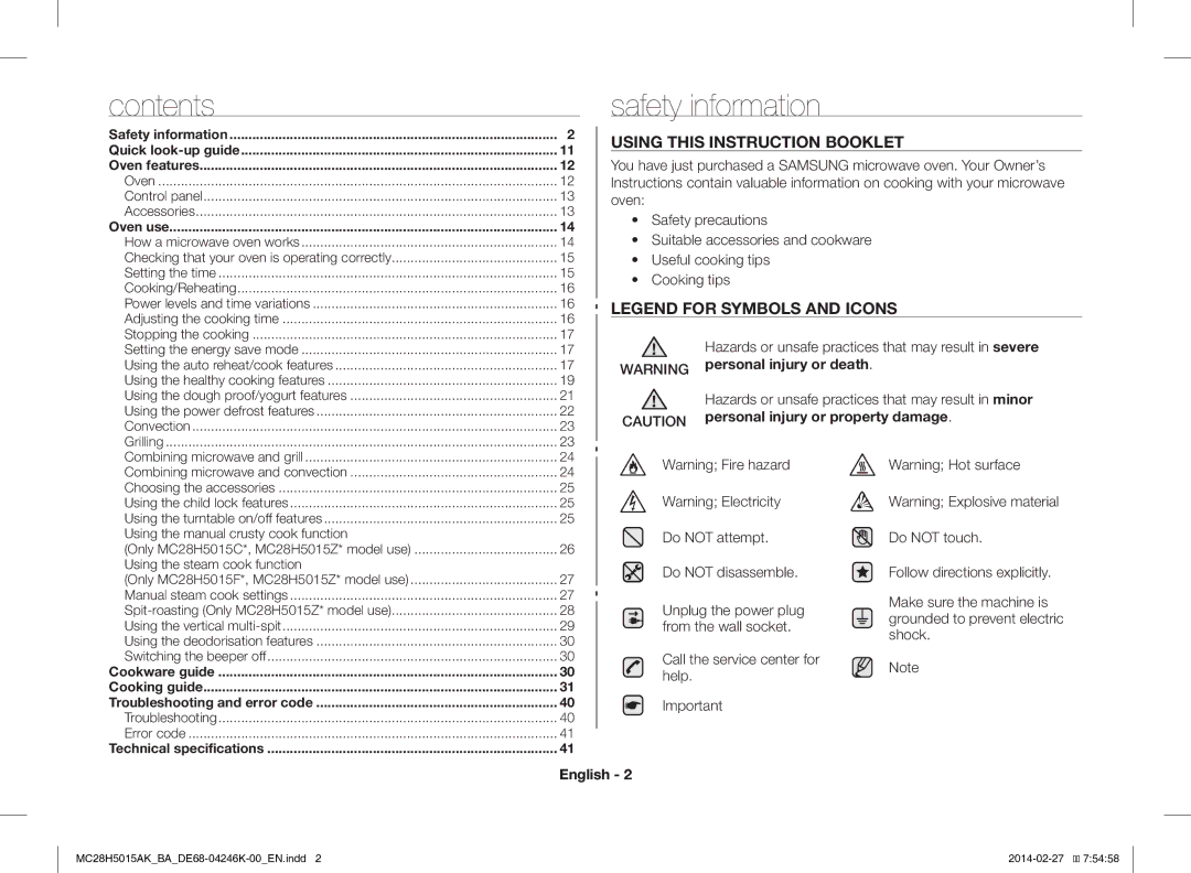 Samsung MC28H5015AK/BA manual Safety information, Contents 