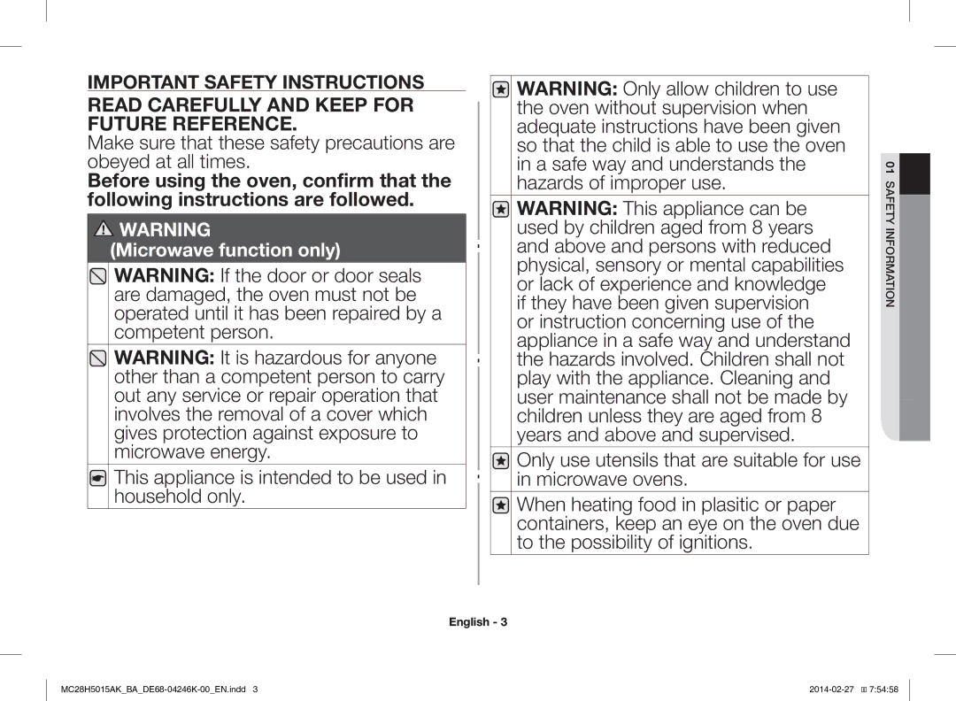 Samsung MC28H5015AK/BA manual This appliance is intended to be used in household only, Safety Information 