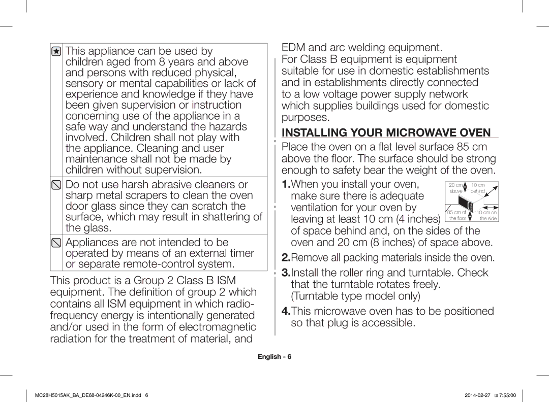 Samsung MC28H5015AK/BA manual Installing Your Microwave Oven 