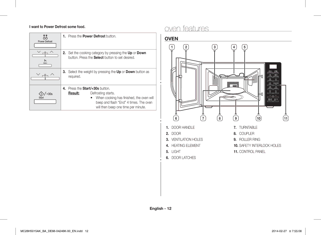 Samsung MC28H5015AK/BA manual Oven features, Light Control Panel Door Latches 