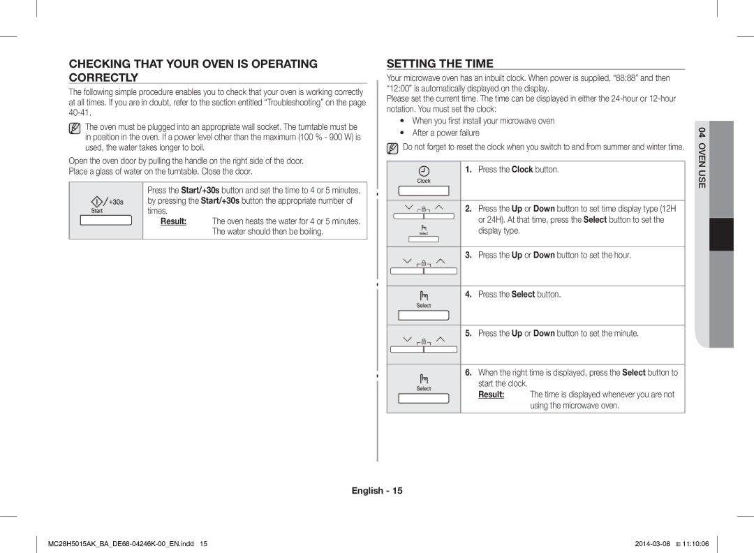 Samsung MC28H5015AK/BA Checking That Your Oven is Operating Correctly, Setting the Time, Result, Press the Clock button 