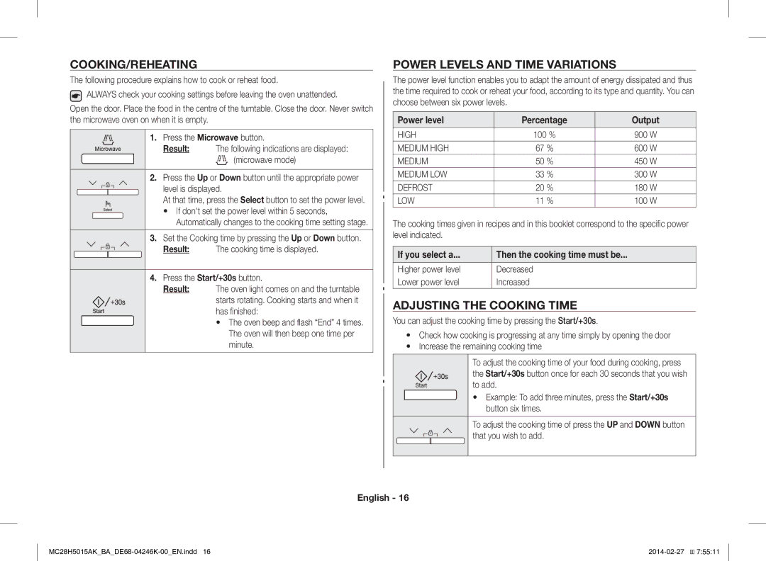 Samsung MC28H5015AK/BA manual Cooking/Reheating, Power Levels and Time Variations, Adjusting the Cooking Time 