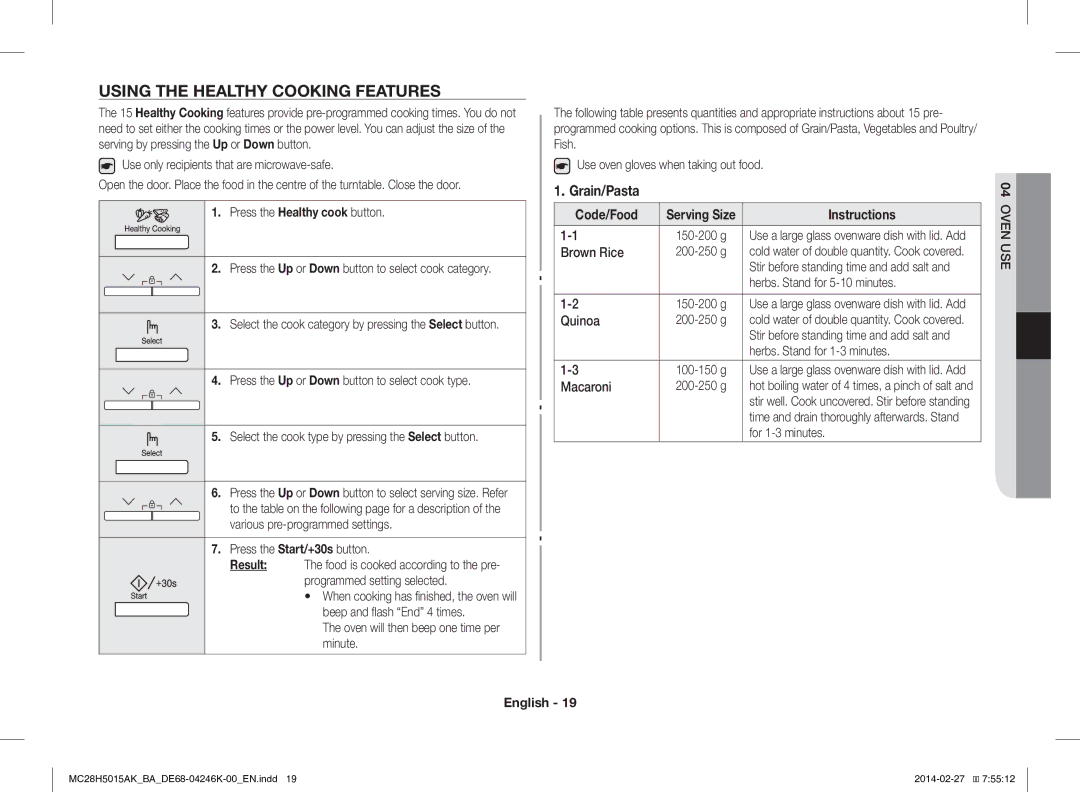 Samsung MC28H5015AK/BA manual Using the Healthy Cooking Features, Grain/Pasta 