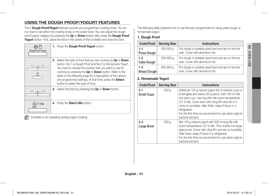 Samsung MC28H5015AK/BA manual Using the Dough PROOF/YOGURT Features, Dough Proof, Homemade Yogurt 