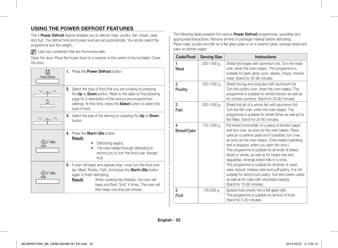 Samsung MC28H5015AK/BA manual Using the Power Defrost Features, Code/Food Serving Size 