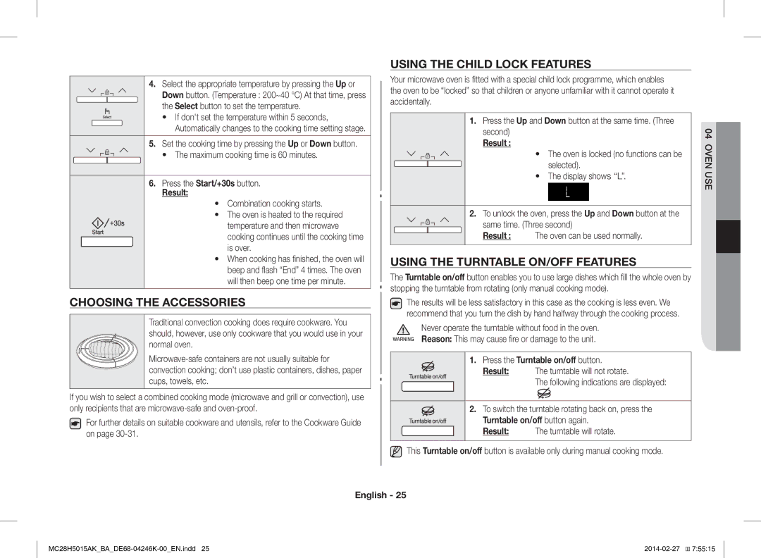 Samsung MC28H5015AK/BA manual Choosing the Accessories, Using the Child Lock Features, Using the Turntable ON/OFF Features 