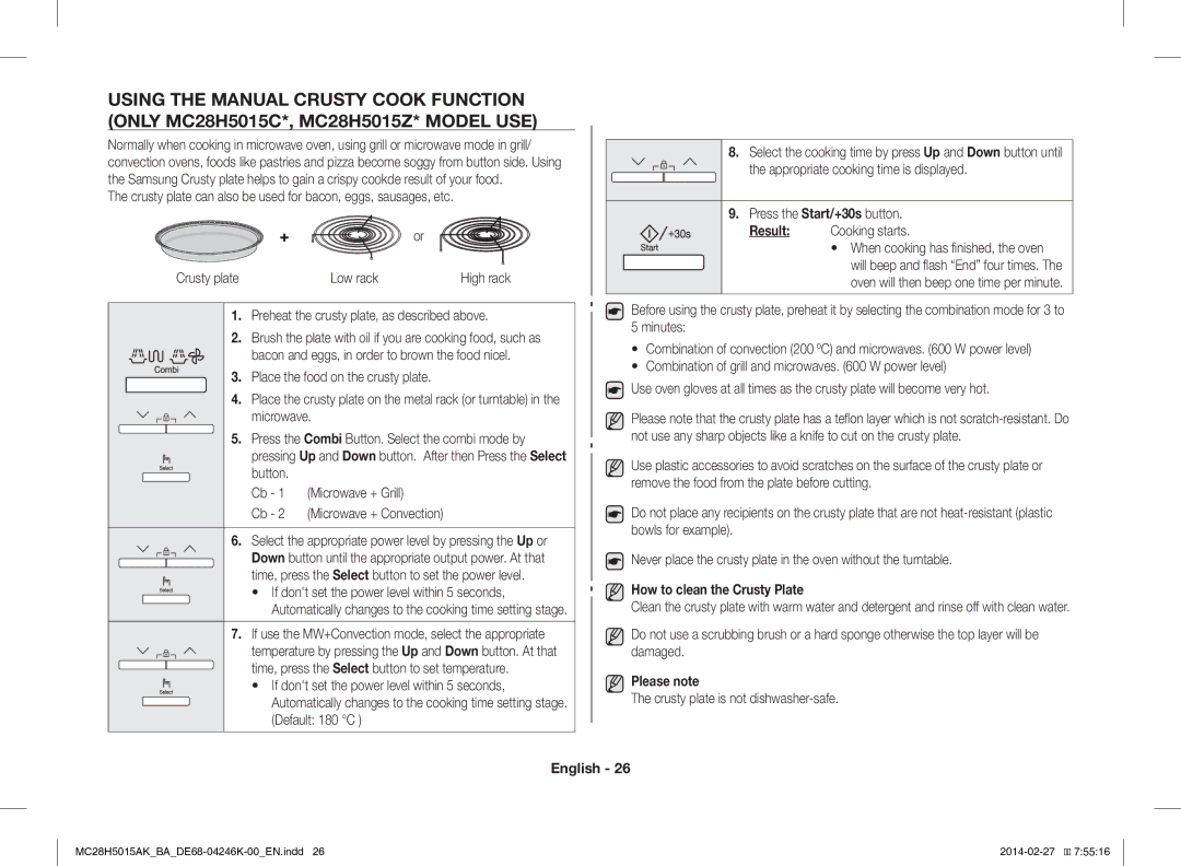 Samsung MC28H5015AK/BA manual Preheat the crusty plate, as described above, How to clean the Crusty Plate, Please note 