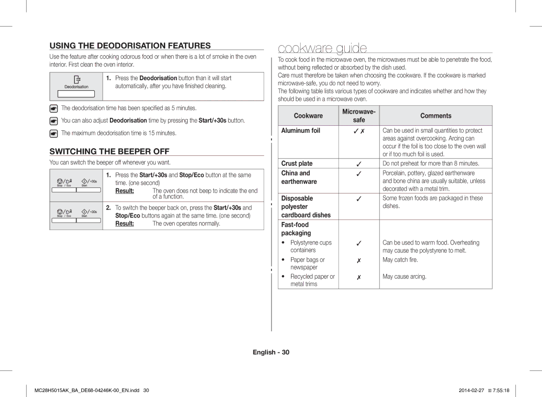 Samsung MC28H5015AK/BA manual Cookware guide, Using the Deodorisation Features, Switching the Beeper OFF 