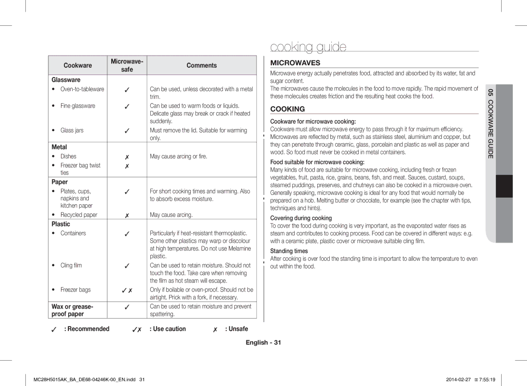 Samsung MC28H5015AK/BA manual Cooking guide, Microwaves 