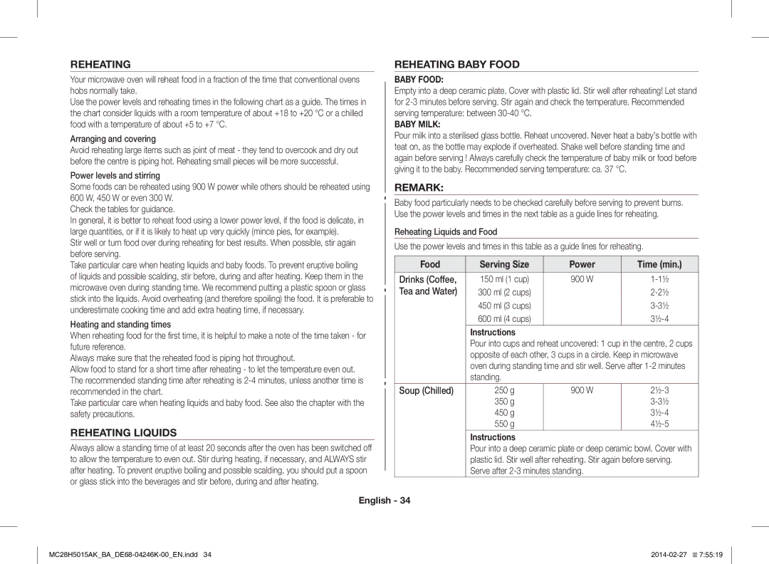 Samsung MC28H5015AK/BA manual Reheating Reheating Baby Food, Remark, Reheating Liquids 