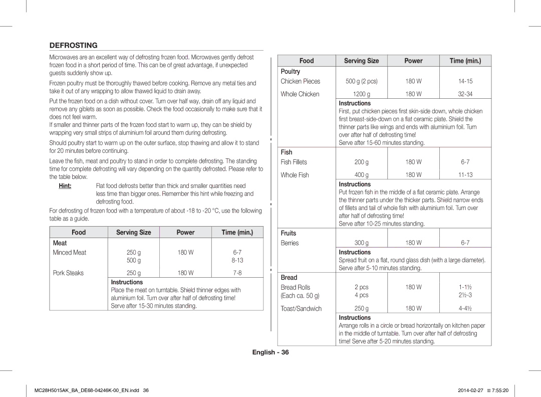 Samsung MC28H5015AK/BA manual Defrosting, Hint, Serving Size Power Time min 