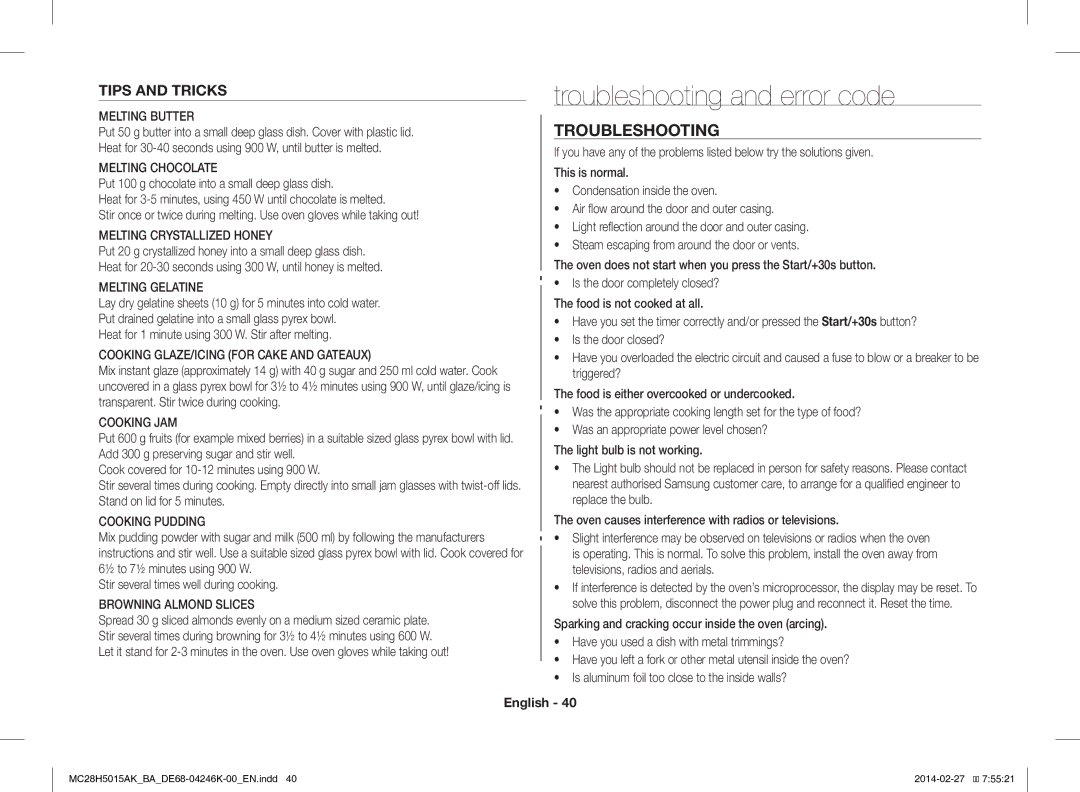 Samsung MC28H5015AK/BA manual Troubleshooting and error code, Tips and Tricks 