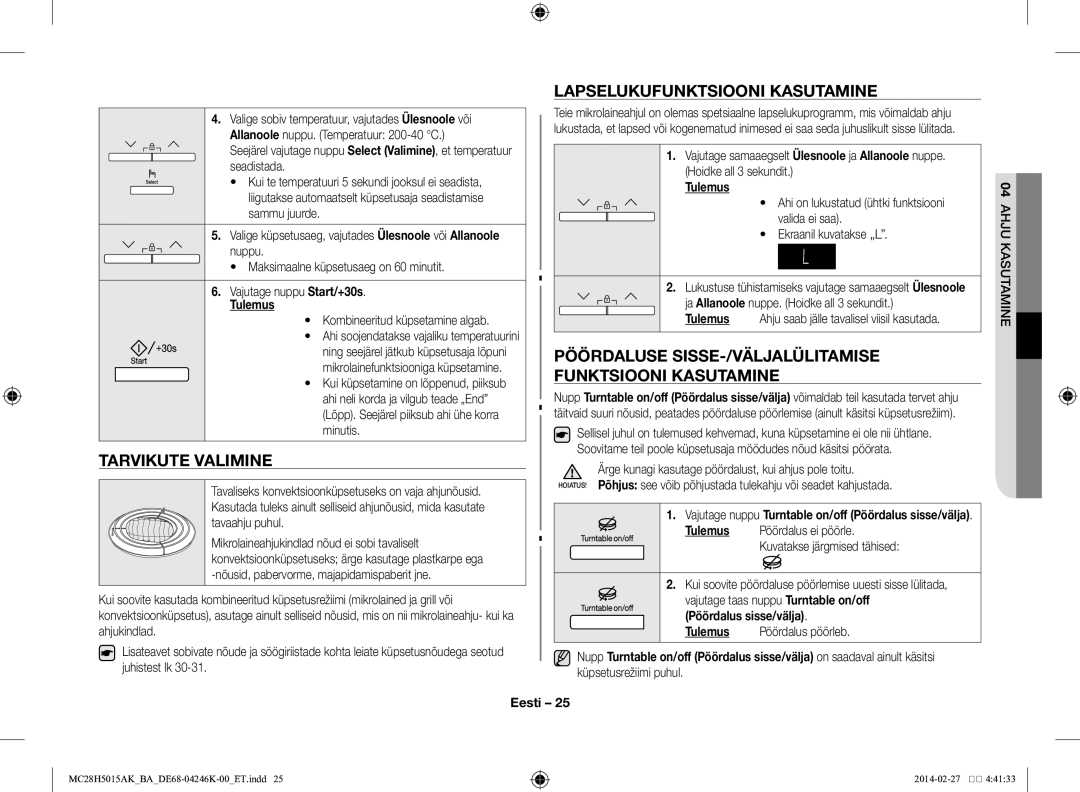 Samsung MC28H5015AK/BA manual Tarvikute valimine, Lapselukufunktsiooni kasutamine 