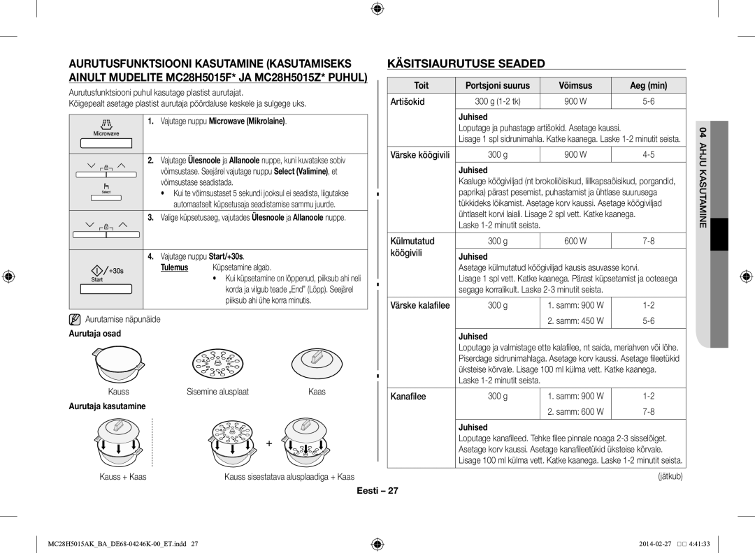 Samsung MC28H5015AK/BA manual Käsitsiaurutuse seaded, Aurutaja osad, Aurutaja kasutamine, Toit, Võimsus Aeg min 