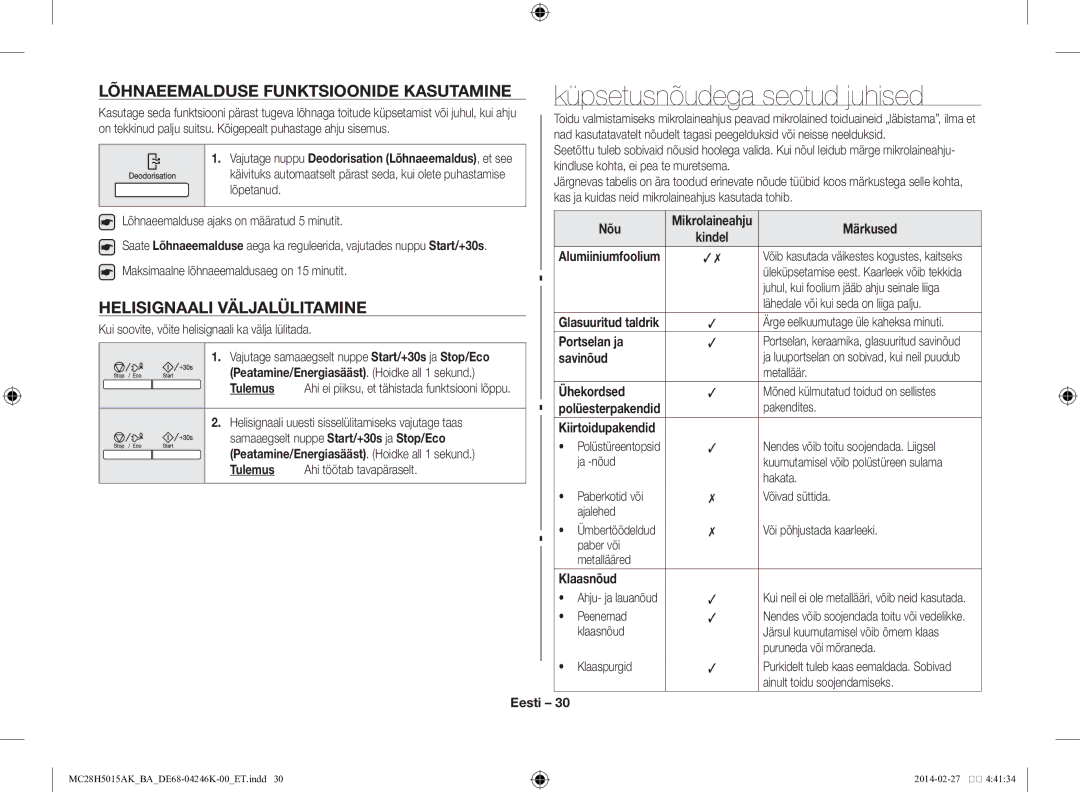 Samsung MC28H5015AK/BA manual Küpsetusnõudega seotud juhised, Lõhnaeemalduse funktsioonide kasutamine 