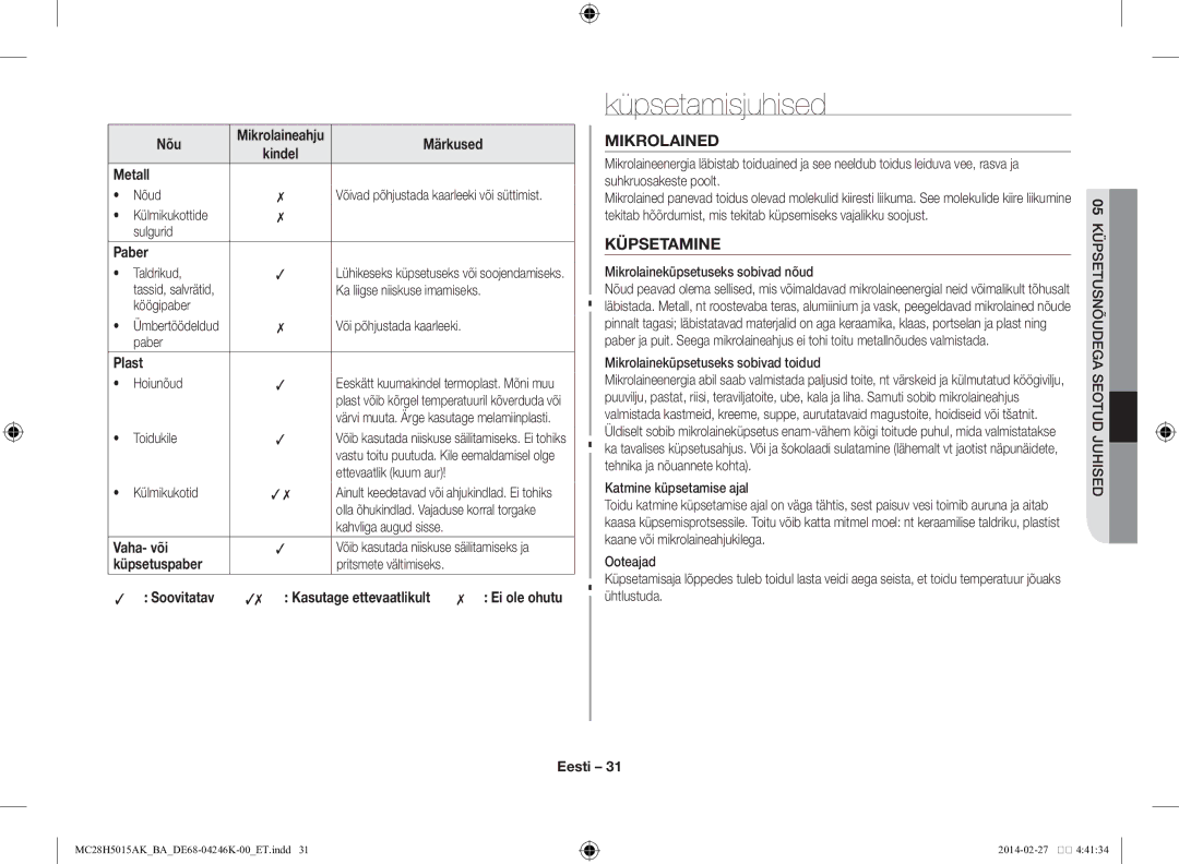 Samsung MC28H5015AK/BA manual Küpsetamisjuhised, Mikrolained, Küpsetamine 