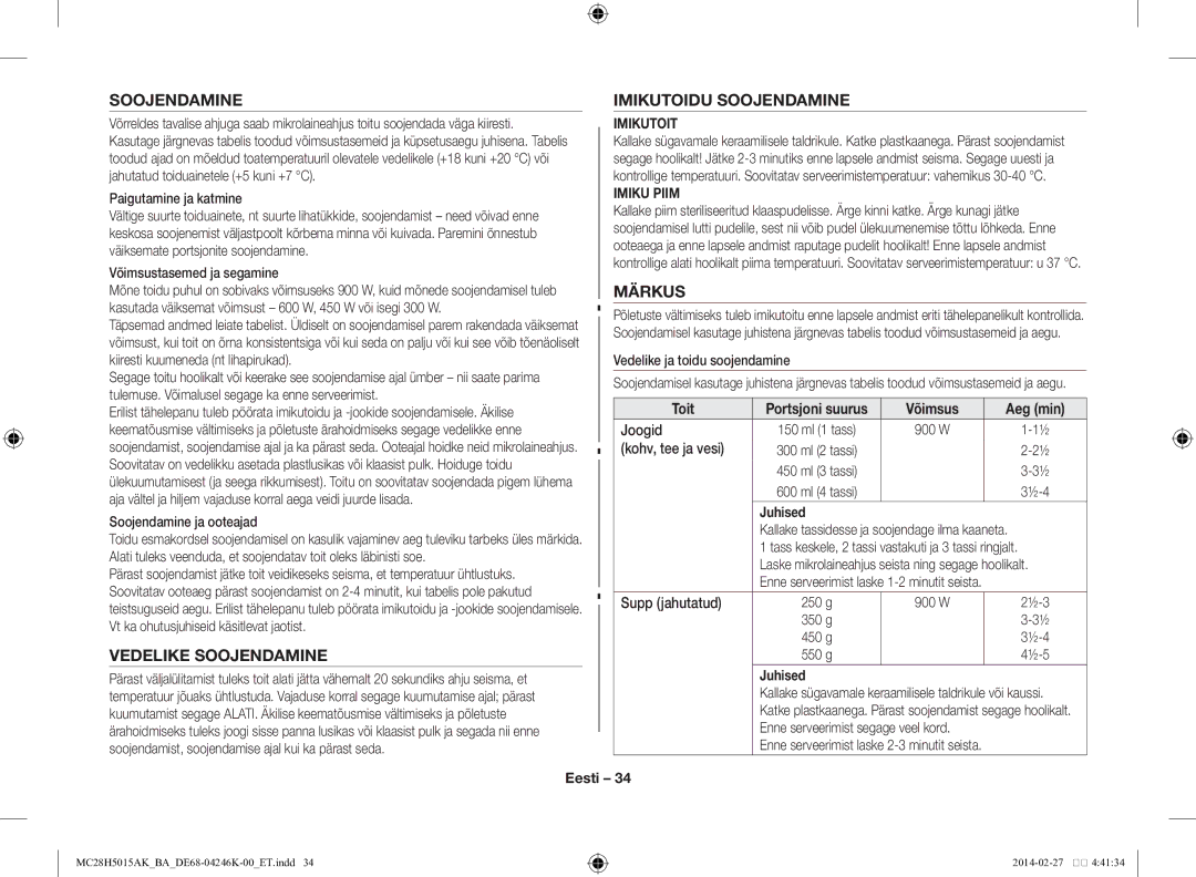 Samsung MC28H5015AK/BA manual Soojendamine Imikutoidu Soojendamine, Märkus, Vedelike Soojendamine 