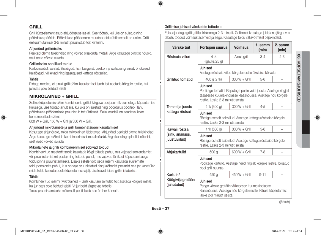 Samsung MC28H5015AK/BA manual Mikrolained + Grill, Värske toit, Võimsus 