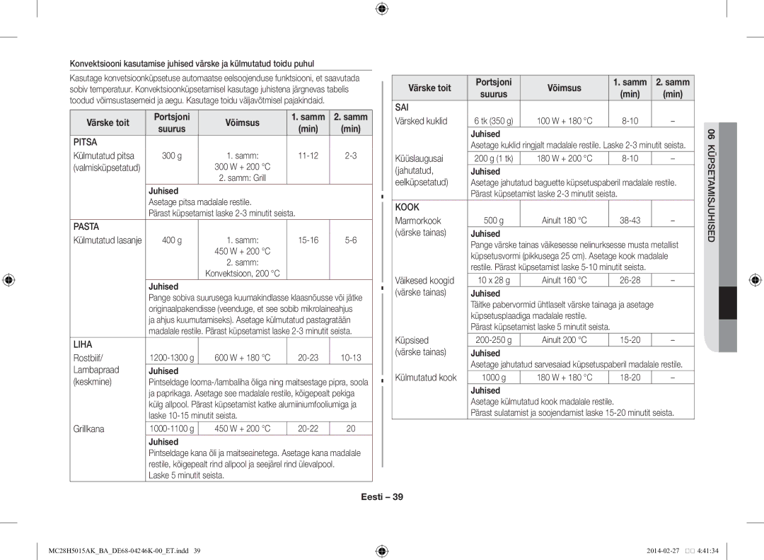 Samsung MC28H5015AK/BA manual Värske toit Portsjoni 