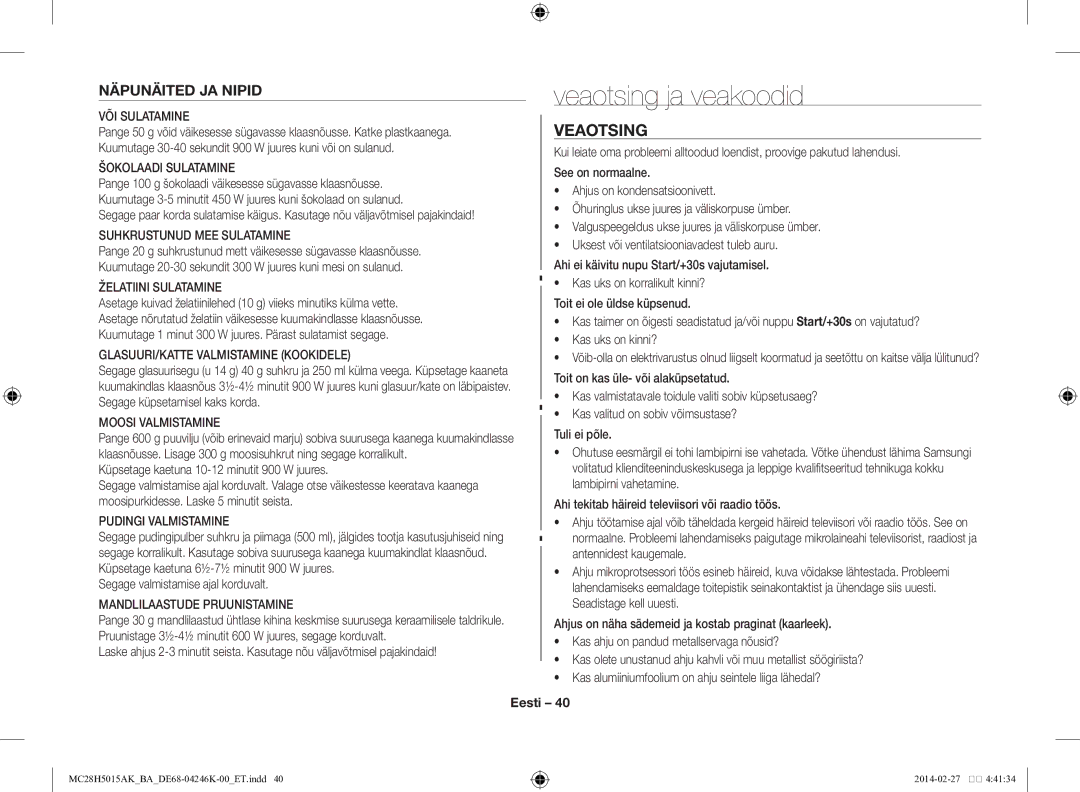 Samsung MC28H5015AK/BA manual Veaotsing ja veakoodid, Näpunäited JA Nipid 